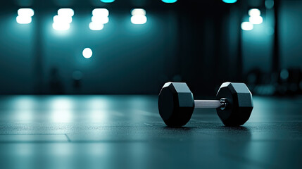 Dumbbell on gym floor with moody lighting