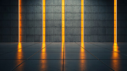 Modern concrete wall with glowing orange lines and reflective floor