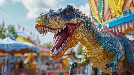 A colorful animatronic dinosaur ride at a carnival.