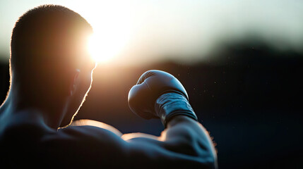 Boxer training at sunset, showcasing strength and determination