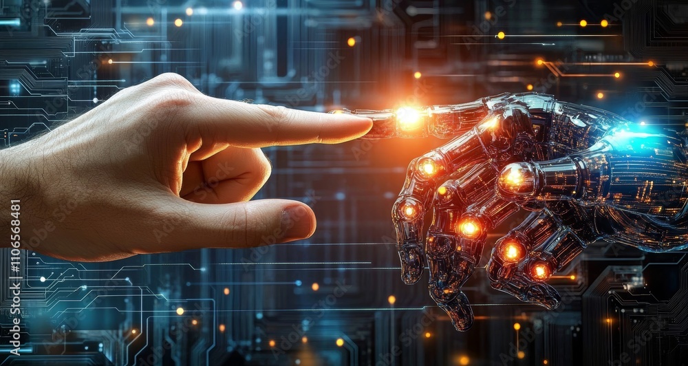 Poster human hand points to robotic hand in future interaction with artificial intelligence and advanced te