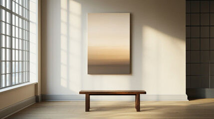 Minimalist interior with wooden bench and abstract wall art