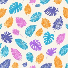 Colorful Tropical Leaves Seamless Pattern Summer Background Design Vector Illustration