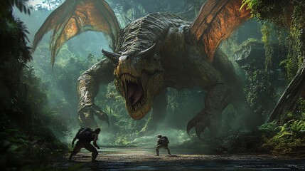 A winged dinosaur stands over a group of warriors in a fantasy setting.