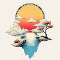 Serene Sunset Over Floating Islands and Calm Waters