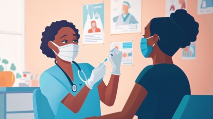 Nurse administering a vaccine to a patient in a clean, organized clinic, with both individuals wearing masks, surrounded by posters promoting health and safety. Healthcare. Nursing. 