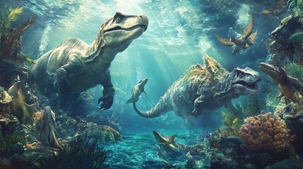 Obraz premium A scene of dinosaurs swimming underwater in a coral reef.