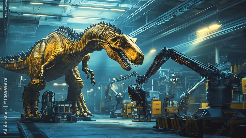 Poster a dinosaur stands in a futuristic factory setting with robotic arms.
