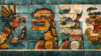 Fototapeta premium Vibrant mayan murals adorn the ancient temple walls, depicting mythological creatures, gods, and sacred rituals in intricate detail, showcasing mesoamerican cultural heritage. Mythic. Illustration
