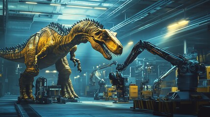 A dinosaur stands in a futuristic factory setting with robotic arms.