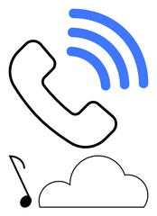 Telephone handset with blue signal waves, cloud, and musical note. Ideal for cloud services, telecommunications, music streaming, digital connections, customer support, tech solutions online