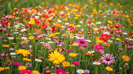 Obraz premium A carpet of vibrant wildflowers sways gently in the spring breeze, petals, gentle