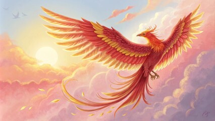 Obraz premium Vibrant Awakening A magnificent phoenix its feathers a fiery blend of crimson orange and gold soars through a canvas of pastel pinks and soft yellows as the sun begins to rise. The