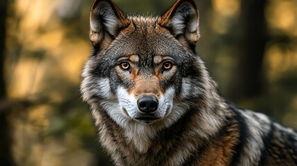 Obraz premium A wolf with piercing amber eyes stares directly at the camera with a blurred forest background.