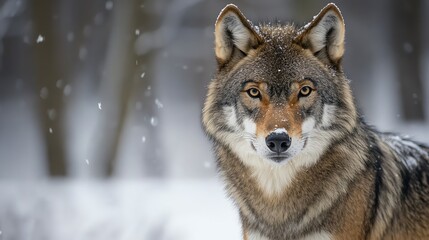 Obraz premium A wolf with piercing eyes stares directly at the camera with a blurred snowy forest background.