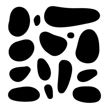 Random organic blobs, Random blots, ink blots, Spot shapes. Splash, spot chart. A drop of liquid, liquid. Pebbles, stone silhouettes.