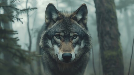 A wolf stares intently into the camera, standing in a misty forest.