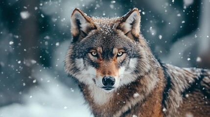 Obraz premium A wolf with piercing eyes stares directly at the camera with a blurred snowy forest background.