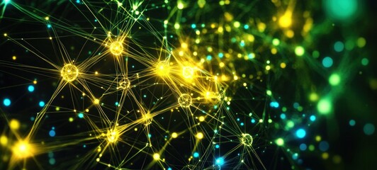 Fototapeta premium Abstract Network: Interconnected Nodes and Glowing Lines in Vibrant Yellow and Green Hues