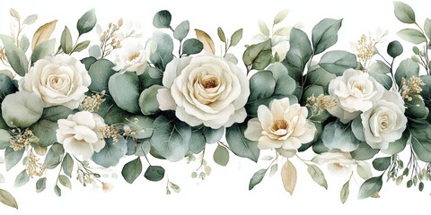 Watercolor Floral Arrangement with White Roses Green Leaves Eucalyptus for Wedding Stationery Backgrounds Cards