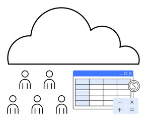 Cloud six human figures spreadsheet calculator symbol, dollar sign. Ideal for teamwork, finance, online collaboration, data sharing, cloud storage, remote work, digital tools. Line metaphor