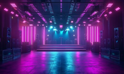 Fototapeta premium A 3D rendering of a vibrant synthwave club with neon purple and blue lights