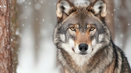 Obraz premium A wolf in a snowy forest looks directly at the camera.