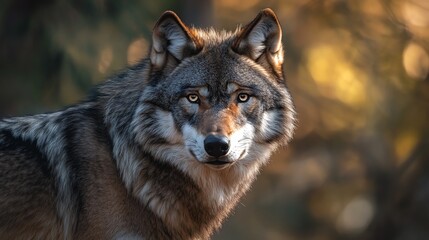 Obraz premium A wolf looking directly at the camera in a foggy forest.