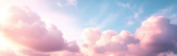 Fototapeta premium Peaceful pastel-colored sky with fluffy pink and white clouds against a soft blue background