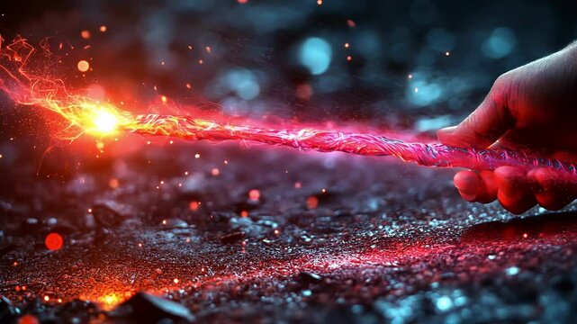 Hand holds a glowing staff with a ball of fire at its end, generative ai