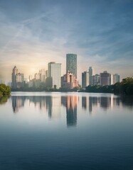 Naklejka premium City skyline reflected in calm water at sunrise.