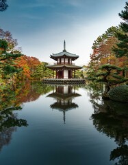 Serene autumn scene: Pagoda reflected in a calm pond.