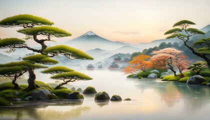 Serene Asian landscape painting. Misty mountains, tranquil lake, lush greenery, and ancient temples create a peaceful atmosphere.