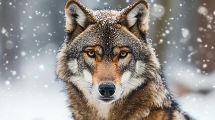 Obraz premium A wolf in a snowy forest looks directly at the camera.