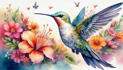 Vibrant hummingbird in flight, surrounded by a profusion of colorful flowers.