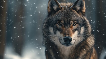 Obraz premium A wolf in a snowy forest looks directly at the camera.