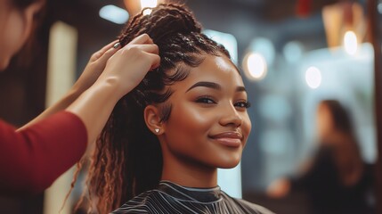 Fototapeta premium A woman with long braids is getting her hair done in a salon.