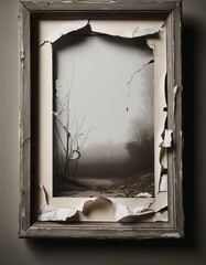 A damaged frame reveals a sepia-toned landscape photo of a misty path.