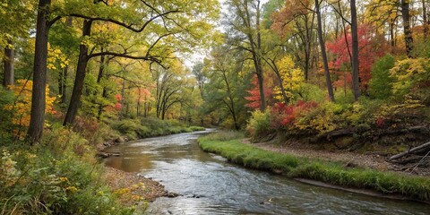 Obraz premium River meandering lazily through a shaded glade filled with tall trees and colorful foliage, natural beauty, colorful foliage