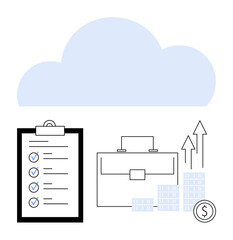 Business briefcase, clipboard with checkmarks, money stacks, upward arrows under a cloud. Ideal for business presentations, financial reports, cloud computing, planning, data analysis economic