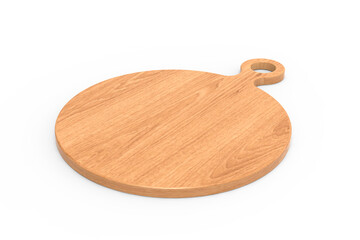 Illustration of wooden cutting board with handle. cutting board 3D view and round shape This durable and eco-friendly kitchen accessory is perfect for chopping and preparing food, isolated on transpar
