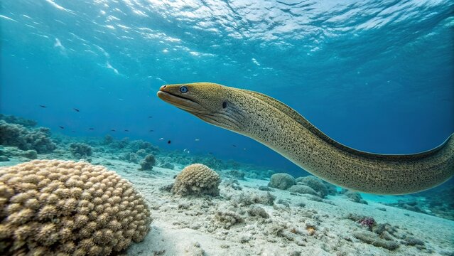 Sleek goldentail moray eel swimming in the open ocean, ocean floor, slithery body, coral reef
