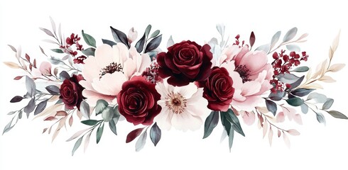 Watercolor floral bouquet red roses pink peonies white blooms green foliage wedding invitations decor