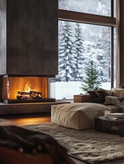 Fototapeta premium Cozy Winter Fireplace Scene With Modern Furniture
