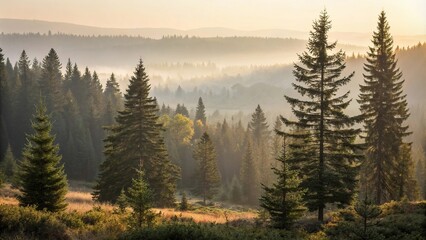 Fototapeta premium Soft warm light seeps into the forest, casting a gentle ambiance over the landscape of tall conifers, their needles glistening with dew, trees, dew, needles, conifers