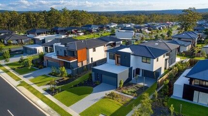 Obraz premium Aerial view of modern suburban houses, landscaped yards, and streets.