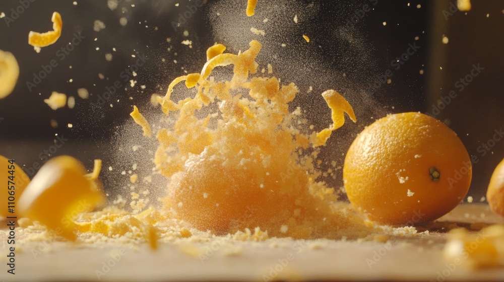 Poster bright orange zest explodes in a burst of flavor while fresh oranges surround the countertop. the sc