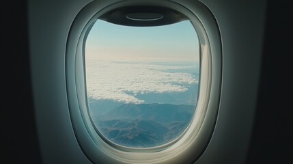 A stunning aerial view of mountain ranges seen through an airplane window, with soft clouds drifting by.