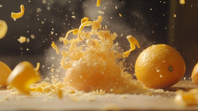 Bright orange zest explodes in a burst of flavor while fresh oranges surround the countertop. The scene captures the lively essence of juice preparation in a cozy kitchen environment.