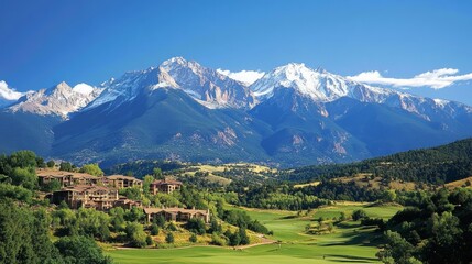 Majestic snow-capped mountains overlook a luxury resort nestled in a verdant valley with a golf course.